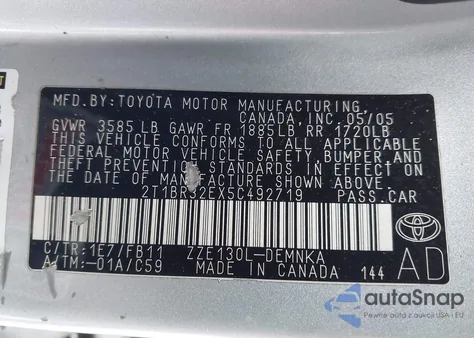 2005 Toyota Corolla Le from USA, damaged, VIN 2T1BR32EX5C492719